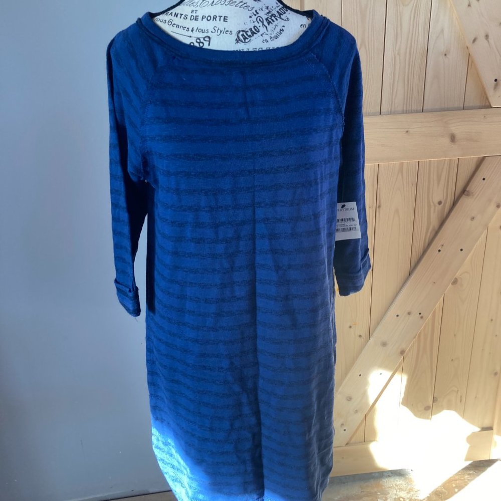 NWT Caslon Terry Blue Black Stripe Tunic Dress Nordstrom 3/4 sleeve 8P